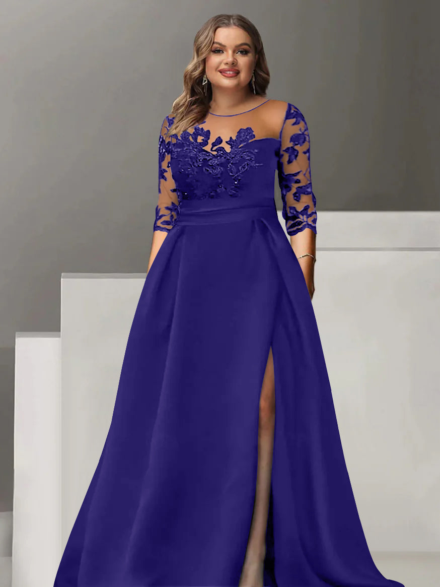 Robe de Mère de la Mariée Grande Taille, Coupe A-Line/Princess, Manches 3/4, Longueur Au Sol, avec Dentelle et Fente Sur le Côté