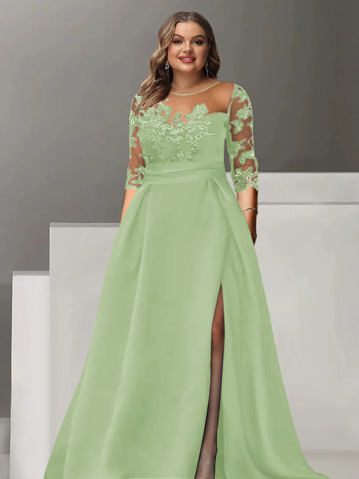 Robe de Mère de la Mariée Grande Taille, Coupe A-Line/Princess, Manches 3/4, Longueur Au Sol, avec Dentelle et Fente Sur le Côté