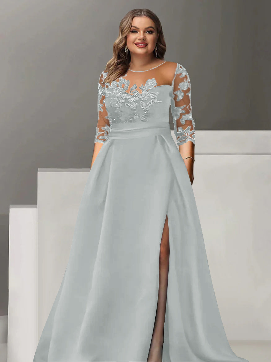 Robe de Mère de la Mariée Grande Taille, Coupe A-Line/Princess, Manches 3/4, Longueur Au Sol, avec Dentelle et Fente Sur le Côté