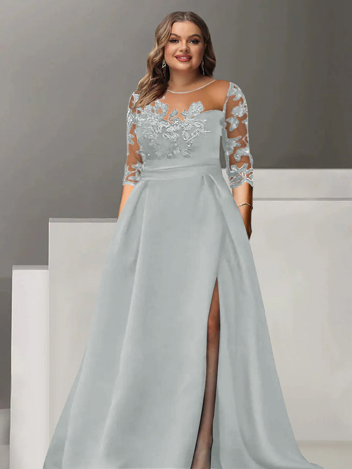 Robe de Mère de la Mariée Grande Taille, Coupe A-Line/Princess, Manches 3/4, Longueur Au Sol, avec Dentelle et Fente Sur le Côté