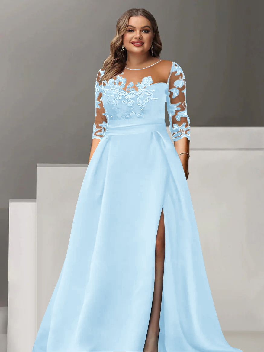 Robe de Mère de la Mariée Grande Taille, Coupe A-Line/Princess, Manches 3/4, Longueur Au Sol, avec Dentelle et Fente Sur le Côté