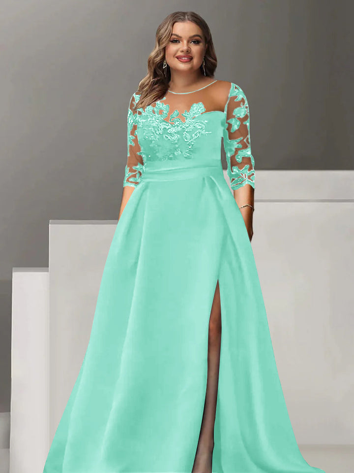 Robe de Mère de la Mariée Grande Taille, Coupe A-Line/Princess, Manches 3/4, Longueur Au Sol, avec Dentelle et Fente Sur le Côté