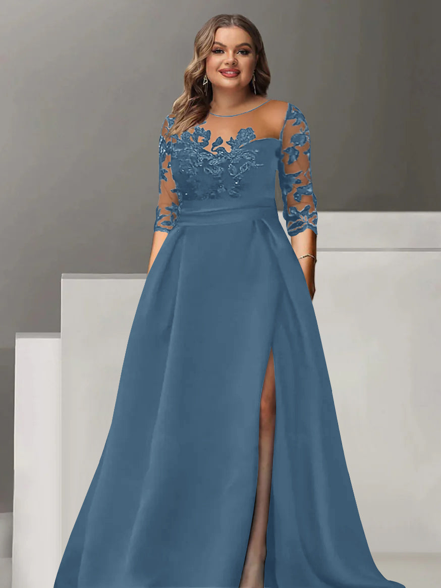Robe de Mère de la Mariée Grande Taille, Coupe A-Line/Princess, Manches 3/4, Longueur Au Sol, avec Dentelle et Fente Sur le Côté