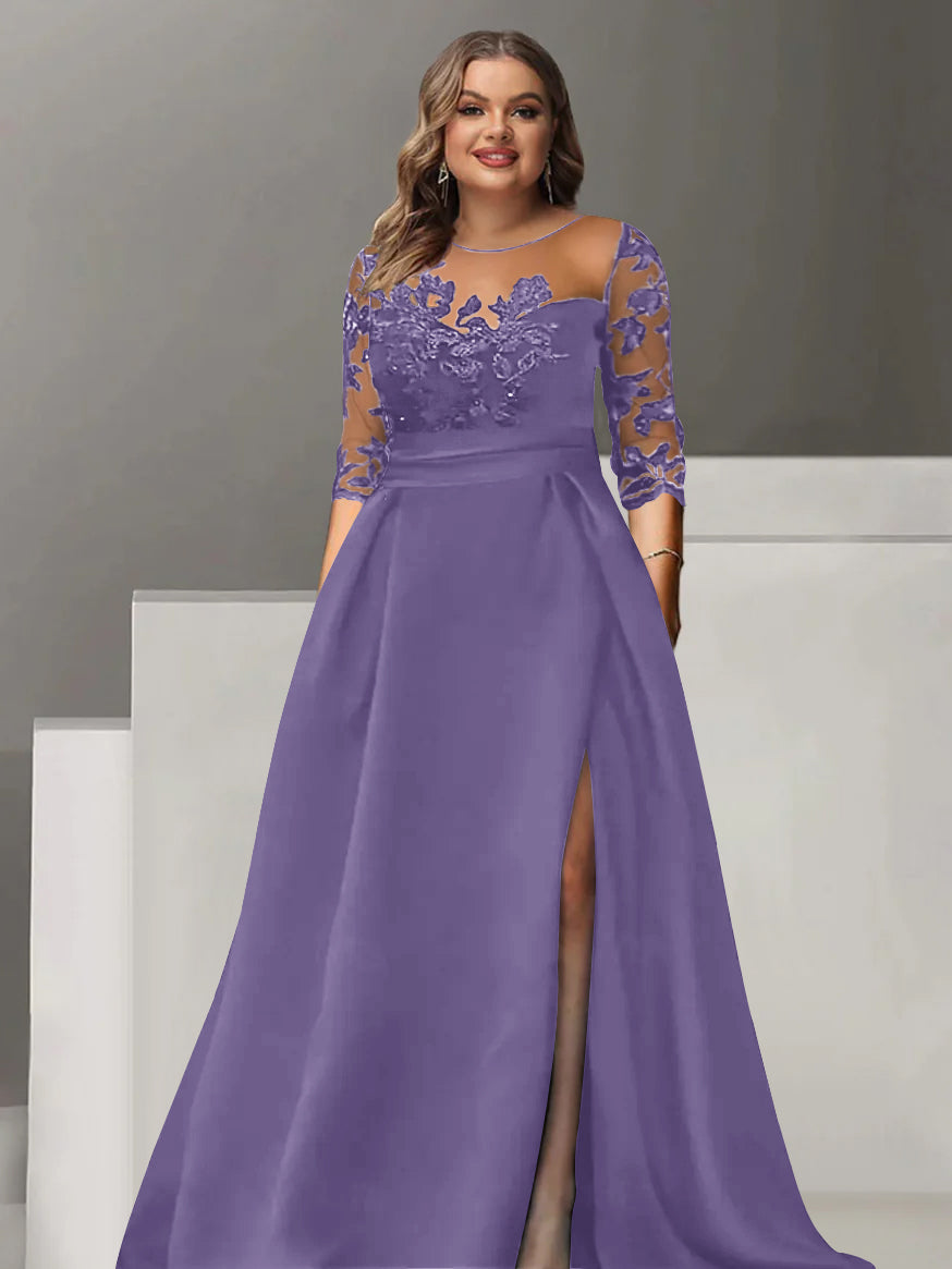 Robe de Mère de la Mariée Grande Taille, Coupe A-Line/Princess, Manches 3/4, Longueur Au Sol, avec Dentelle et Fente Sur le Côté
