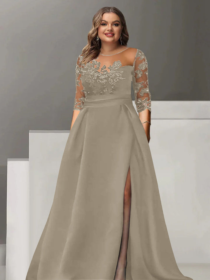 Robe de Mère de la Mariée Grande Taille, Coupe A-Line/Princess, Manches 3/4, Longueur Au Sol, avec Dentelle et Fente Sur le Côté