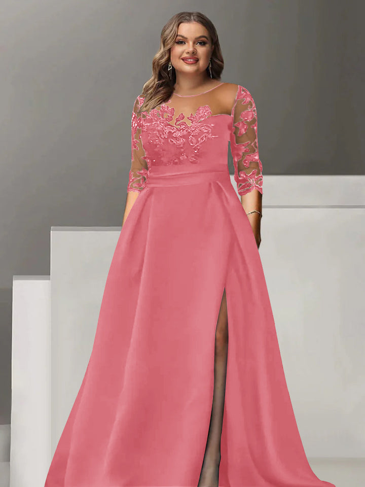 Robe de Mère de la Mariée Grande Taille, Coupe A-Line/Princess, Manches 3/4, Longueur Au Sol, avec Dentelle et Fente Sur le Côté