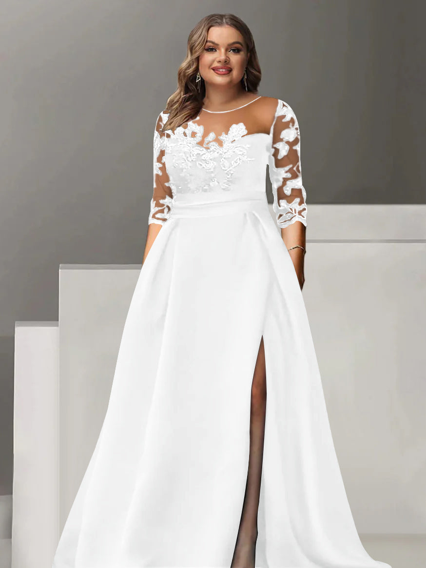 Robe de Mère de la Mariée Grande Taille, Coupe A-Line/Princess, Manches 3/4, Longueur Au Sol, avec Dentelle et Fente Sur le Côté