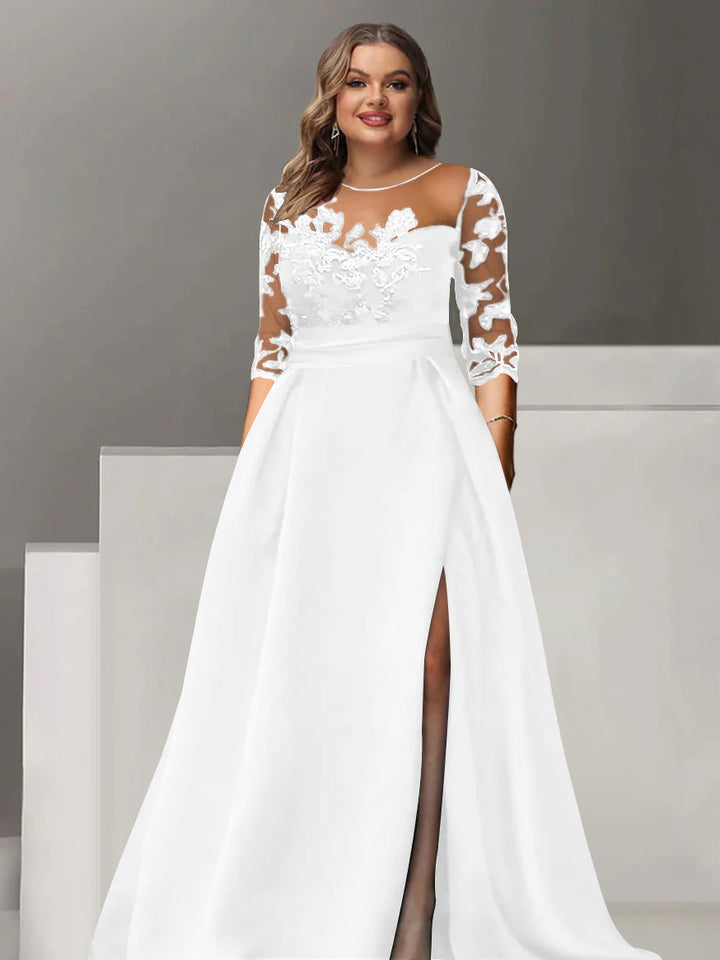 Robe de Mère de la Mariée Grande Taille, Coupe A-Line/Princess, Manches 3/4, Longueur Au Sol, avec Dentelle et Fente Sur le Côté