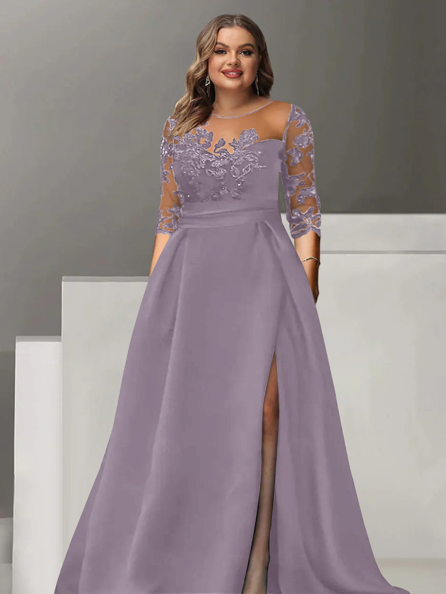 Robe de Mère de la Mariée Grande Taille, Coupe A-Line/Princess, Manches 3/4, Longueur Au Sol, avec Dentelle et Fente Sur le Côté