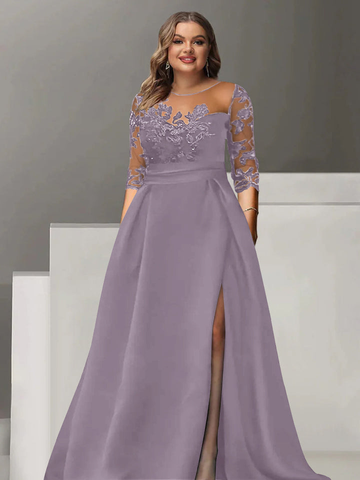 Robe de Mère de la Mariée Grande Taille, Coupe A-Line/Princess, Manches 3/4, Longueur Au Sol, avec Dentelle et Fente Sur le Côté