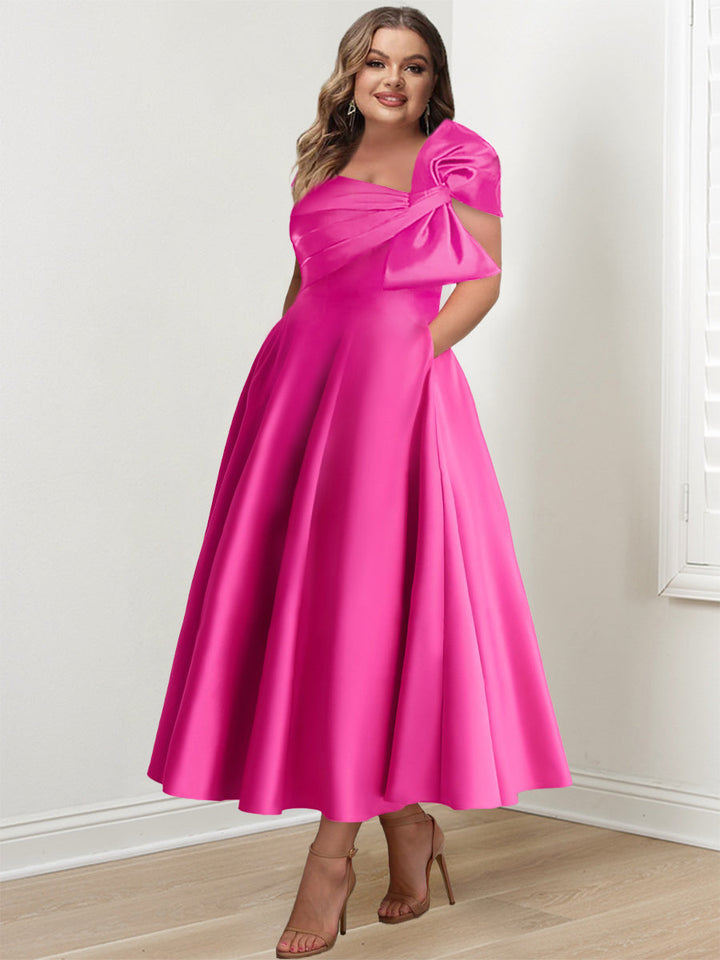 Robe de Mère de la Mariée Grande Taille, Coupe A-Line/Princess, Épaules Dénudées, Sans Manches, Longueur Cheville, avec Nœud(S)