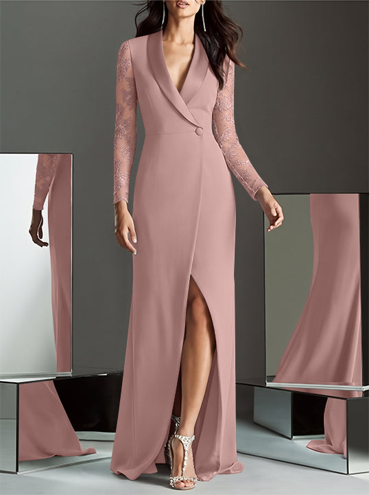 Robe de Mère de la Mariée Sirène/Trompette à Manches Longues et Col en V avec Fente
