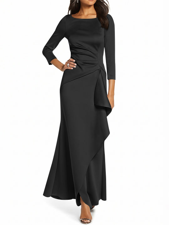 Robe de Mère de la Mariée Fourreau/Colonne à Manches 3/4 et Col Rond avec Volants