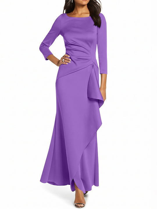 Robe de Mère de la Mariée Fourreau/Colonne à Manches 3/4 et Col Rond avec Volants