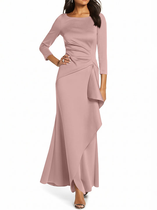 Robe de Mère de la Mariée Fourreau/Colonne à Manches 3/4 et Col Rond avec Volants