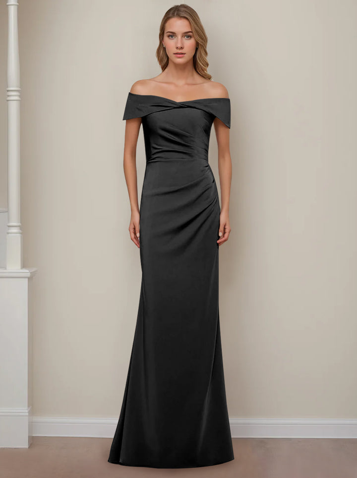 Robe de Mère de la Mariée Fourreau/Colonne à Épaules Dénudées et Manches Courtes, Longueur Au Sol, avec Volants