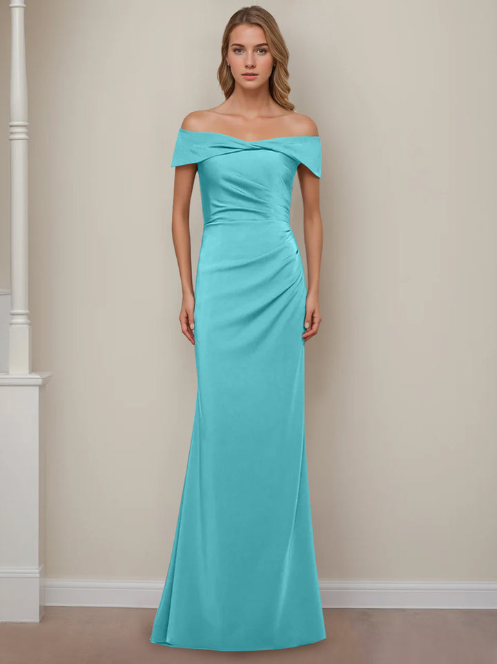 Robe de Mère de la Mariée Fourreau/Colonne à Épaules Dénudées et Manches Courtes, Longueur Au Sol, avec Volants