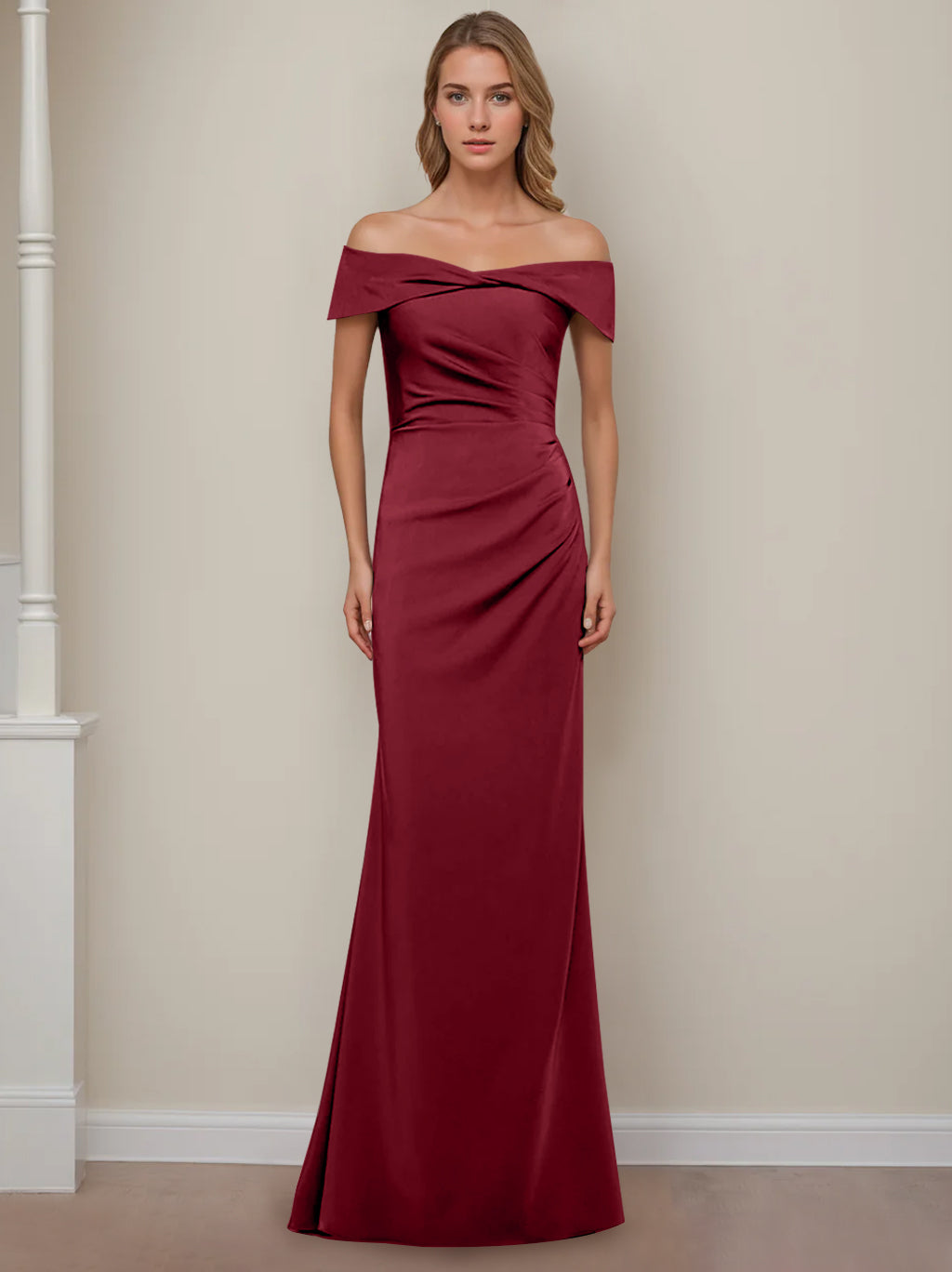 Robe de Mère de la Mariée Fourreau/Colonne à Épaules Dénudées et Manches Courtes, Longueur Au Sol, avec Volants