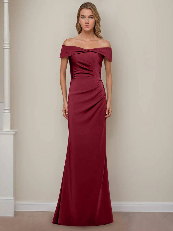 Robe de Mère de la Mariée Fourreau/Colonne à Épaules Dénudées et Manches Courtes, Longueur Au Sol, avec Volants