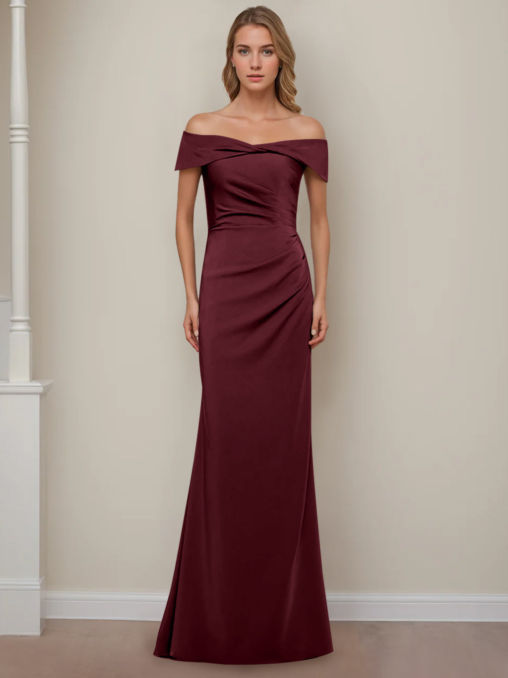 Robe de Mère de la Mariée Fourreau/Colonne à Épaules Dénudées et Manches Courtes, Longueur Au Sol, avec Volants