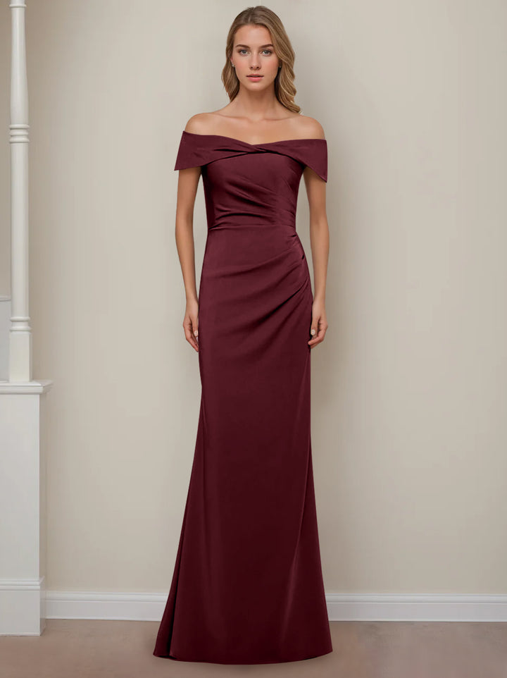 Robe de Mère de la Mariée Fourreau/Colonne à Épaules Dénudées et Manches Courtes, Longueur Au Sol, avec Volants