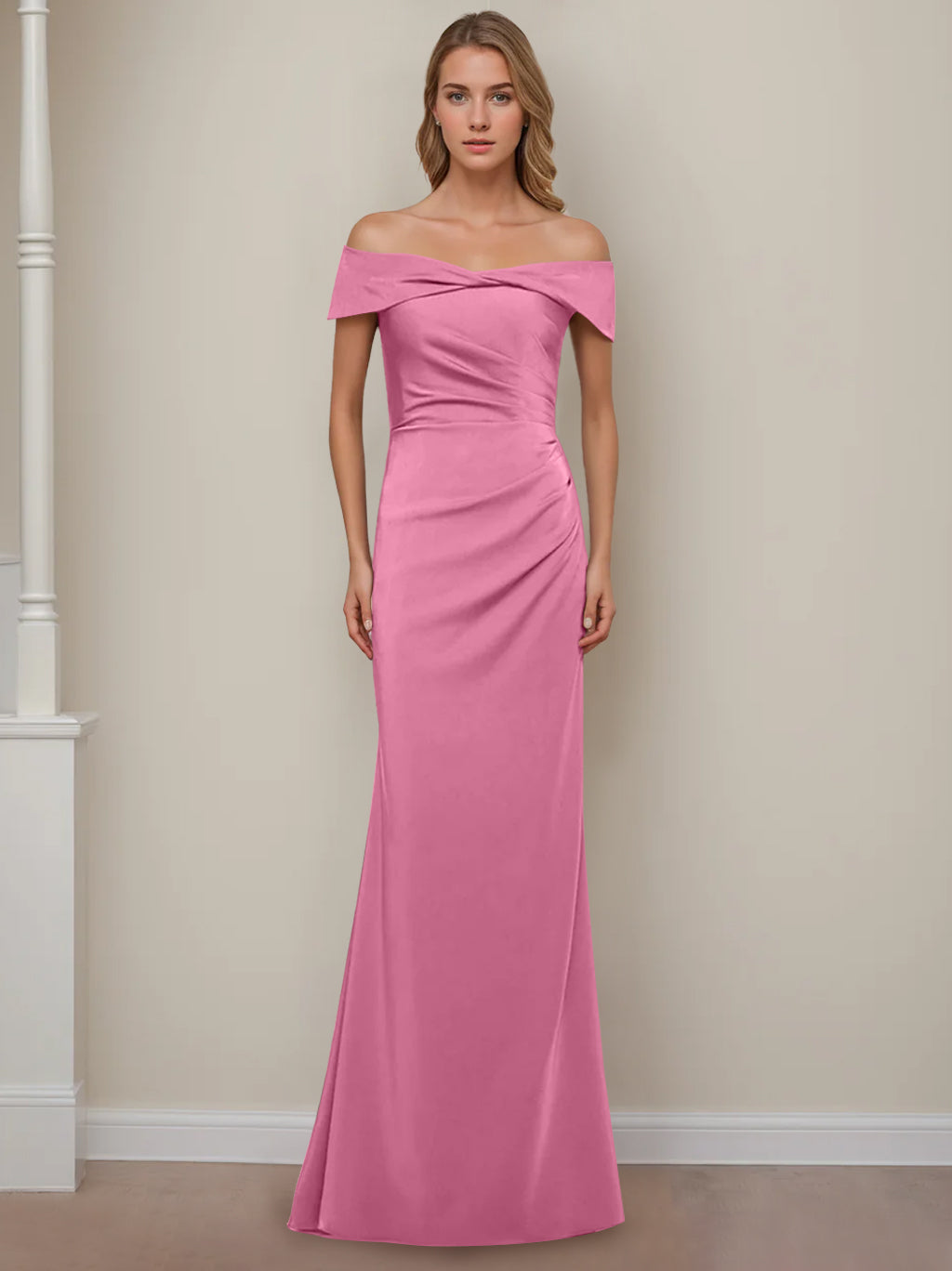 Robe de Mère de la Mariée Fourreau/Colonne à Épaules Dénudées et Manches Courtes, Longueur Au Sol, avec Volants