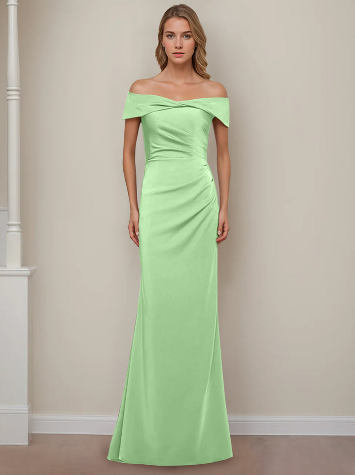 Robe de Mère de la Mariée Fourreau/Colonne à Épaules Dénudées et Manches Courtes, Longueur Au Sol, avec Volants