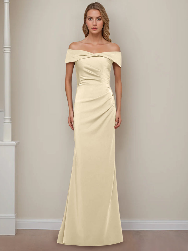 Robe de Mère de la Mariée Fourreau/Colonne à Épaules Dénudées et Manches Courtes, Longueur Au Sol, avec Volants