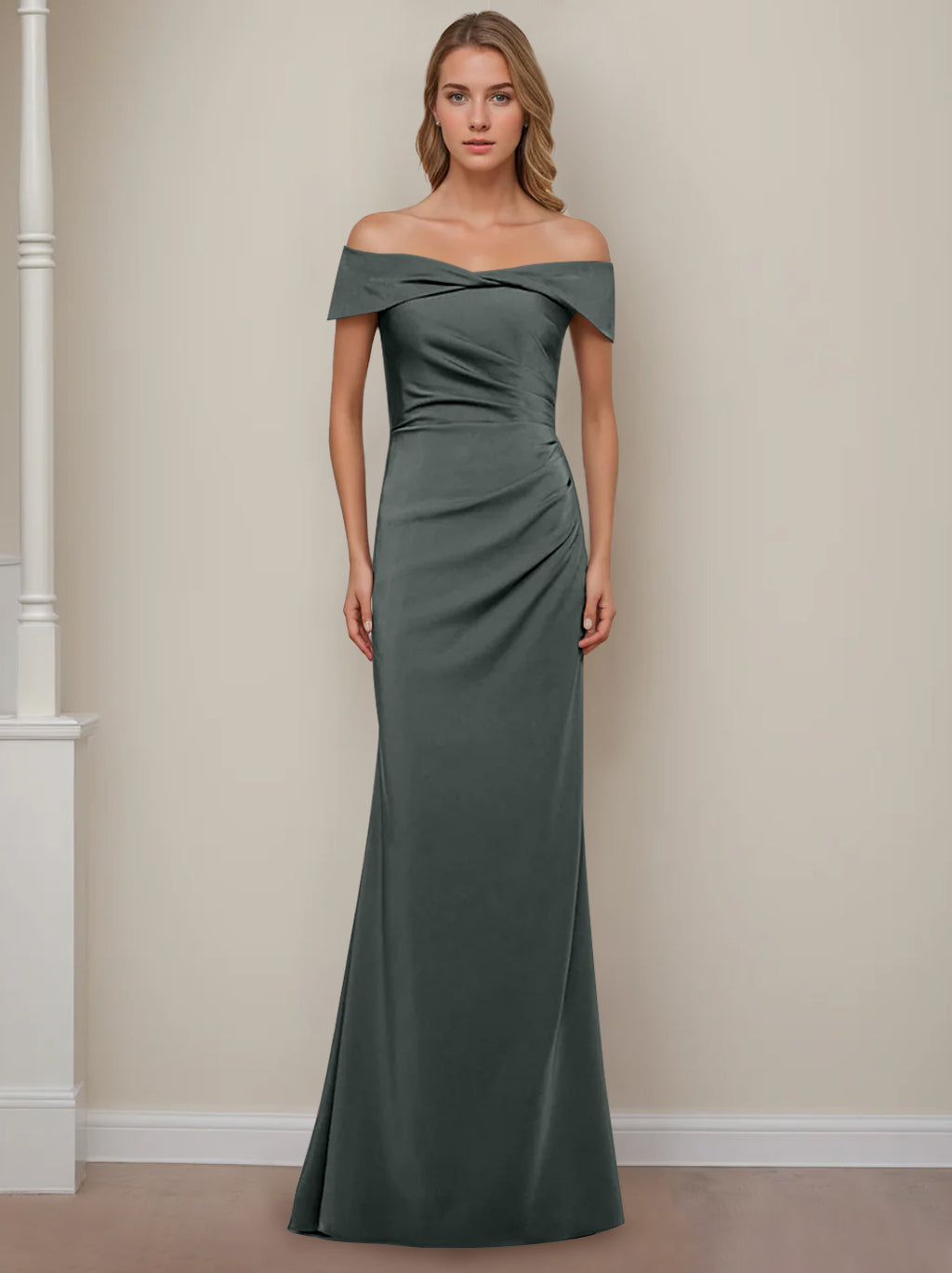 Robe de Mère de la Mariée Fourreau/Colonne à Épaules Dénudées et Manches Courtes, Longueur Au Sol, avec Volants