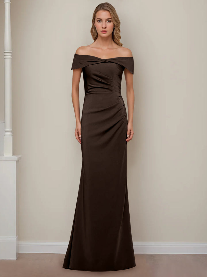 Robe de Mère de la Mariée Fourreau/Colonne à Épaules Dénudées et Manches Courtes, Longueur Au Sol, avec Volants
