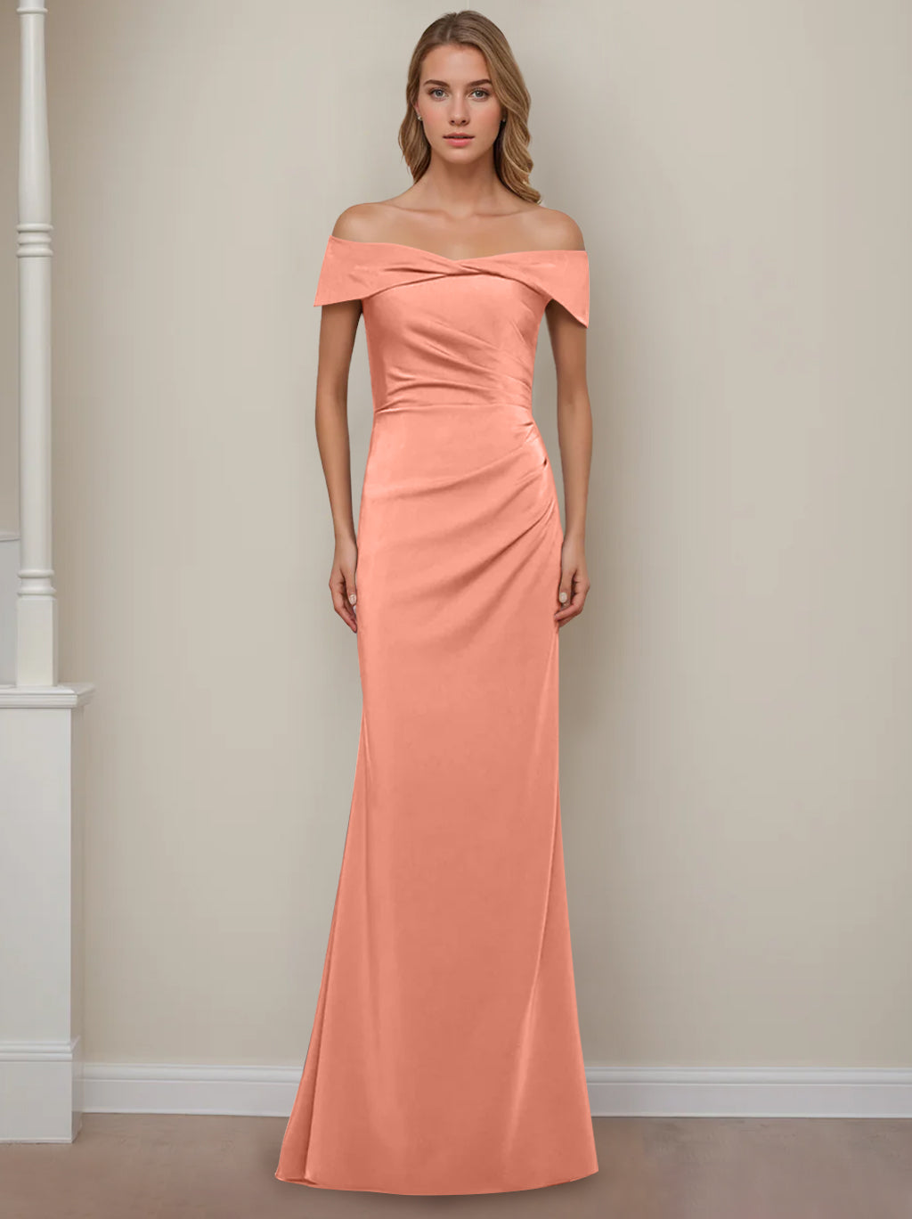 Robe de Mère de la Mariée Fourreau/Colonne à Épaules Dénudées et Manches Courtes, Longueur Au Sol, avec Volants