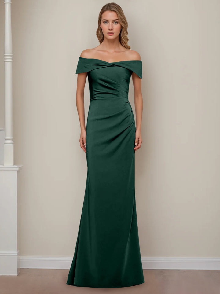 Robe de Mère de la Mariée Fourreau/Colonne à Épaules Dénudées et Manches Courtes, Longueur Au Sol, avec Volants