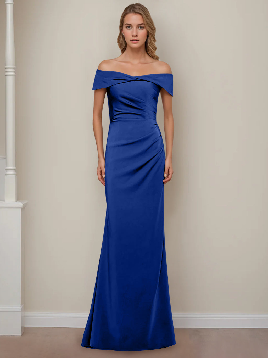 Robe de Mère de la Mariée Fourreau/Colonne à Épaules Dénudées et Manches Courtes, Longueur Au Sol, avec Volants