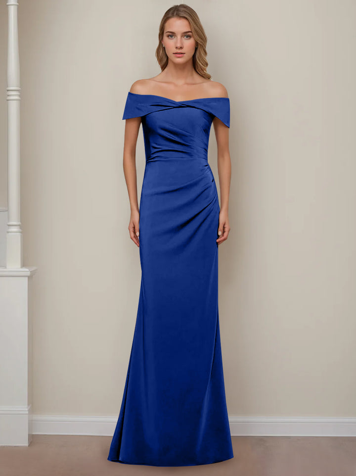 Robe de Mère de la Mariée Fourreau/Colonne à Épaules Dénudées et Manches Courtes, Longueur Au Sol, avec Volants