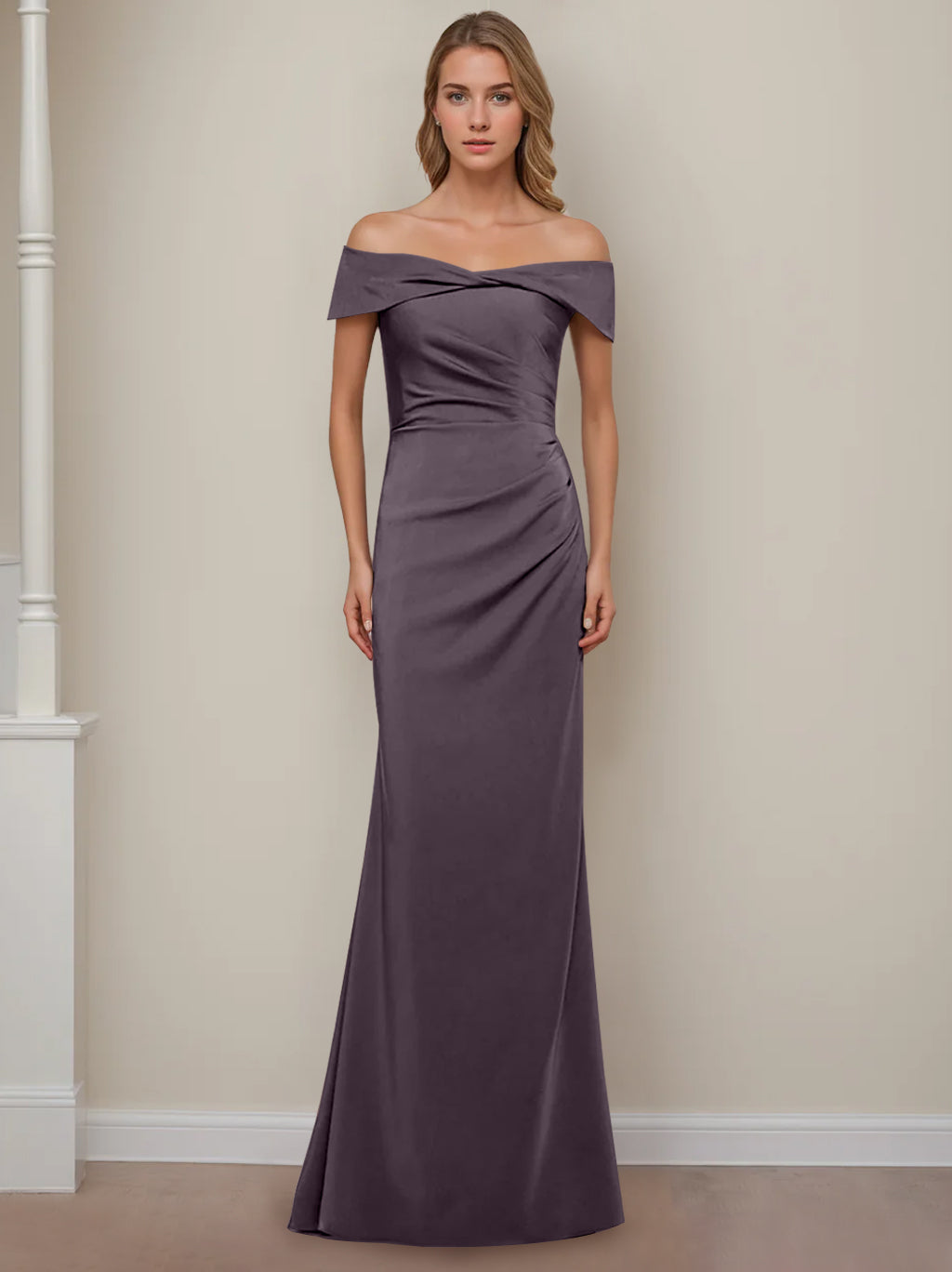 Robe de Mère de la Mariée Fourreau/Colonne à Épaules Dénudées et Manches Courtes, Longueur Au Sol, avec Volants