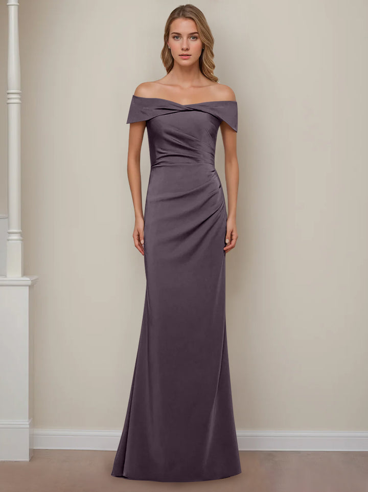 Robe de Mère de la Mariée Fourreau/Colonne à Épaules Dénudées et Manches Courtes, Longueur Au Sol, avec Volants