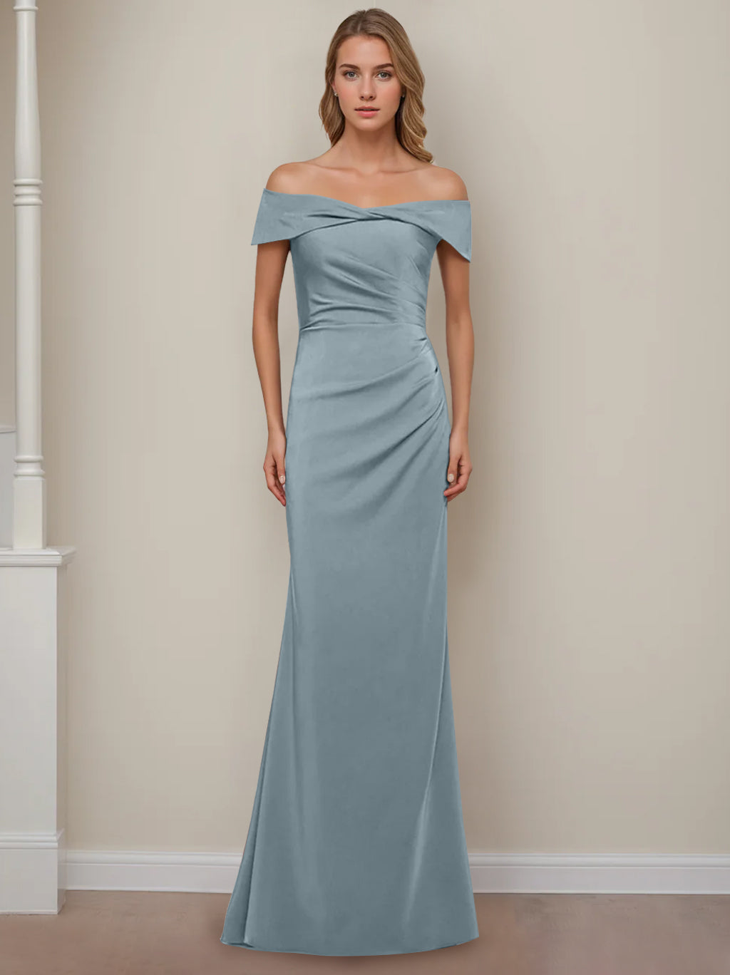 Robe de Mère de la Mariée Fourreau/Colonne à Épaules Dénudées et Manches Courtes, Longueur Au Sol, avec Volants