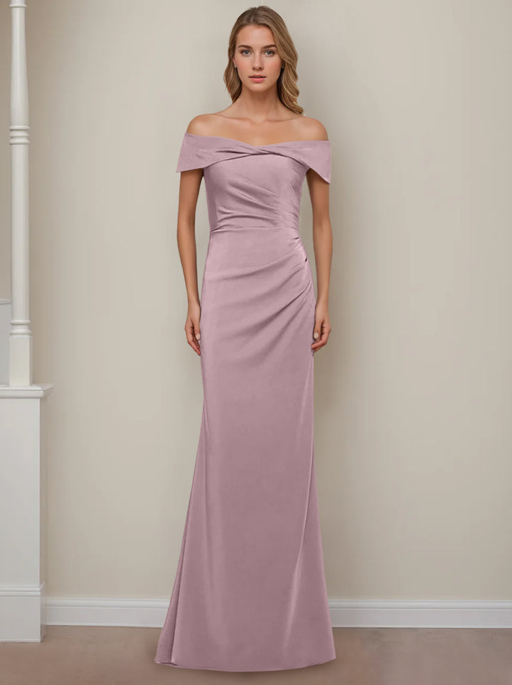 Robe de Mère de la Mariée Fourreau/Colonne à Épaules Dénudées et Manches Courtes, Longueur Au Sol, avec Volants