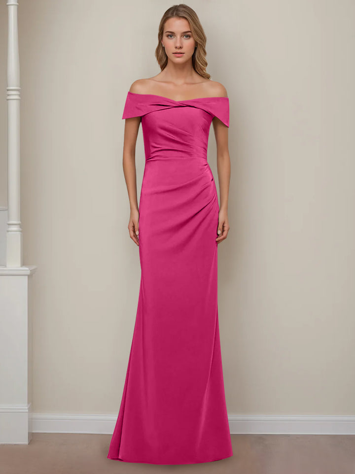 Robe de Mère de la Mariée Fourreau/Colonne à Épaules Dénudées et Manches Courtes, Longueur Au Sol, avec Volants