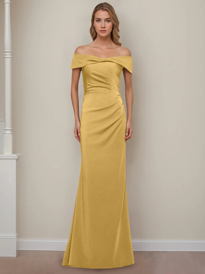 Robe de Mère de la Mariée Fourreau/Colonne à Épaules Dénudées et Manches Courtes, Longueur Au Sol, avec Volants