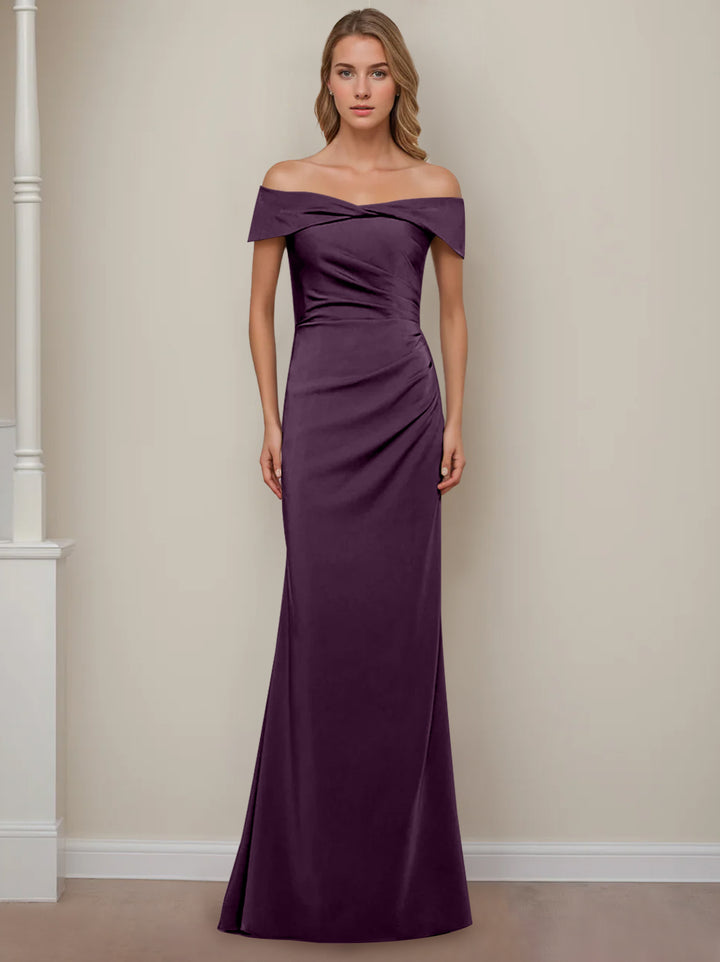Robe de Mère de la Mariée Fourreau/Colonne à Épaules Dénudées et Manches Courtes, Longueur Au Sol, avec Volants