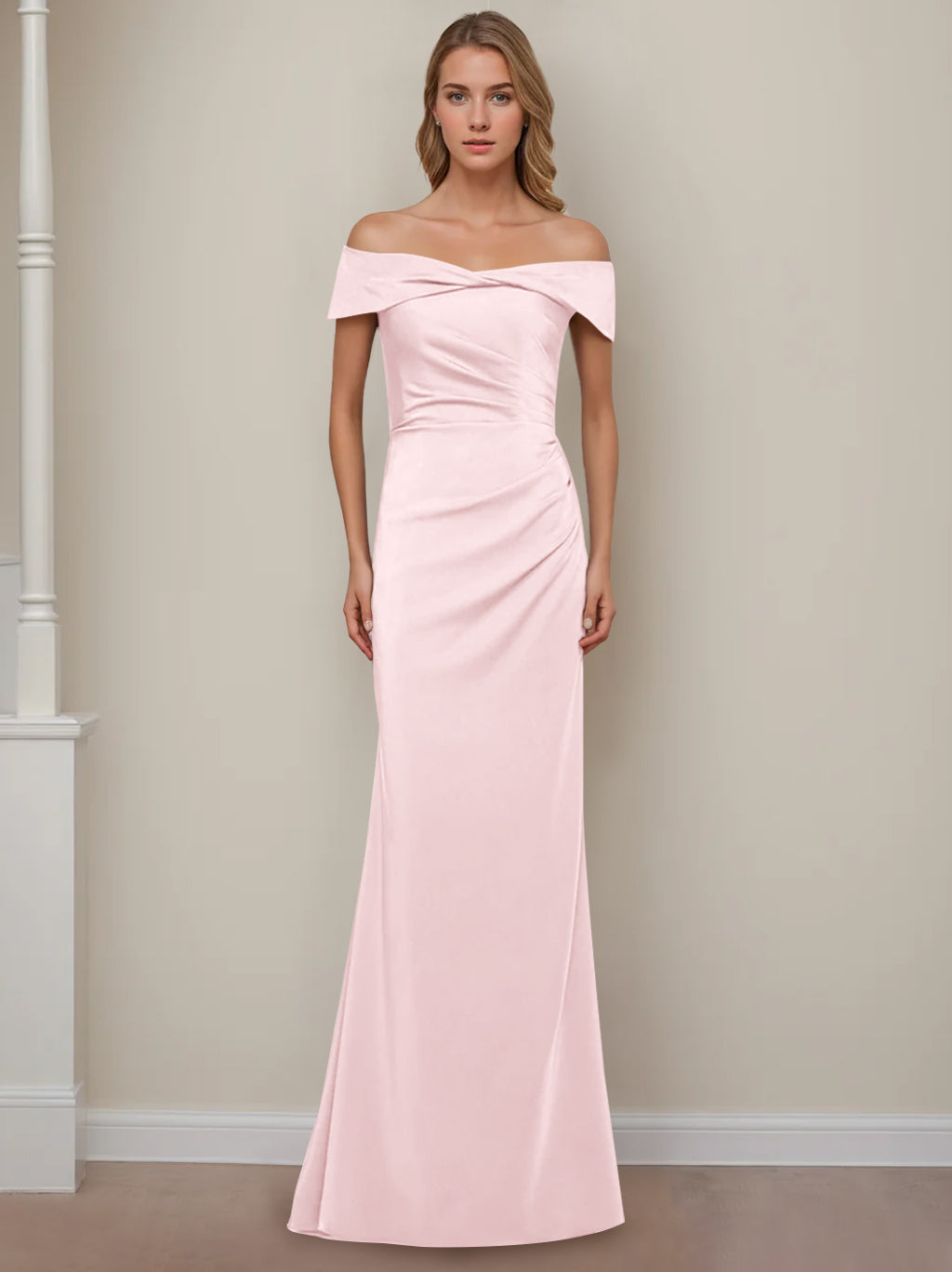 Robe de Mère de la Mariée Fourreau/Colonne à Épaules Dénudées et Manches Courtes, Longueur Au Sol, avec Volants
