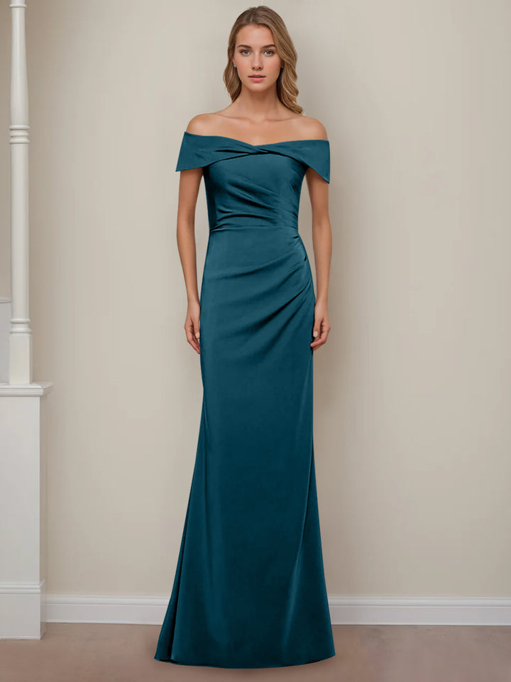 Robe de Mère de la Mariée Fourreau/Colonne à Épaules Dénudées et Manches Courtes, Longueur Au Sol, avec Volants