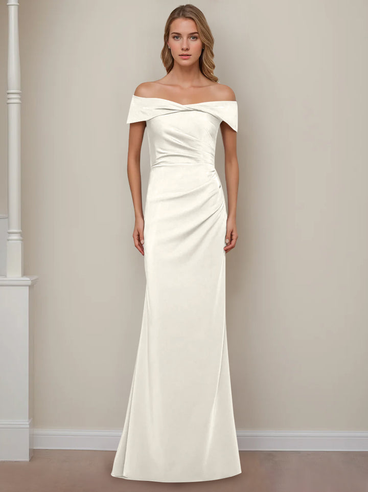 Robe de Mère de la Mariée Fourreau/Colonne à Épaules Dénudées et Manches Courtes, Longueur Au Sol, avec Volants