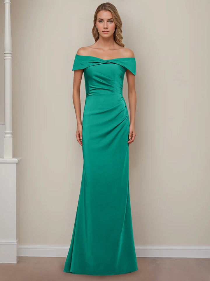 Robe de Mère de la Mariée Fourreau/Colonne à Épaules Dénudées et Manches Courtes, Longueur Au Sol, avec Volants