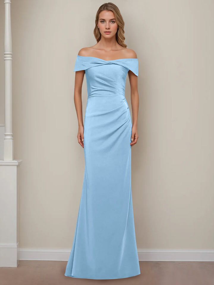 Robe de Mère de la Mariée Fourreau/Colonne à Épaules Dénudées et Manches Courtes, Longueur Au Sol, avec Volants