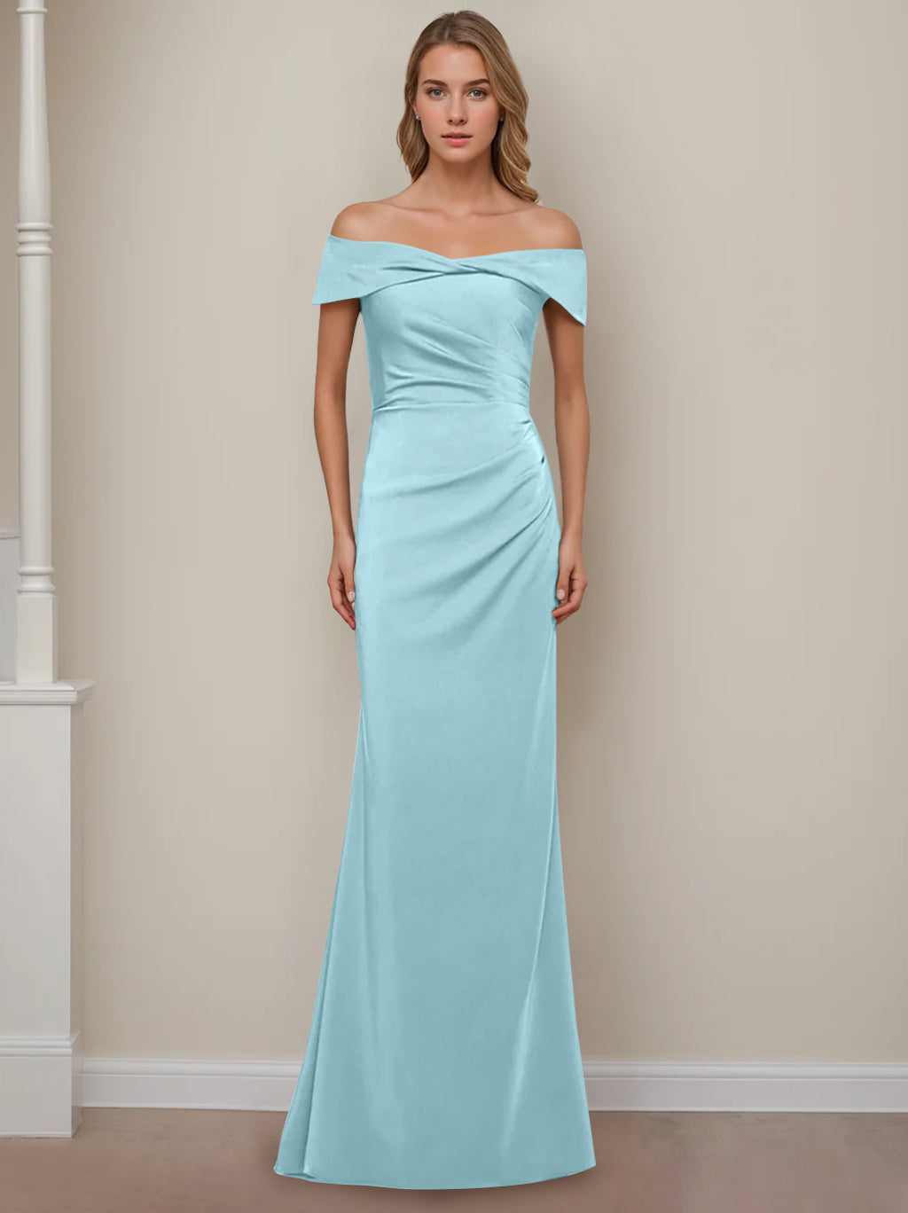 Robe de Mère de la Mariée Fourreau/Colonne à Épaules Dénudées et Manches Courtes, Longueur Au Sol, avec Volants