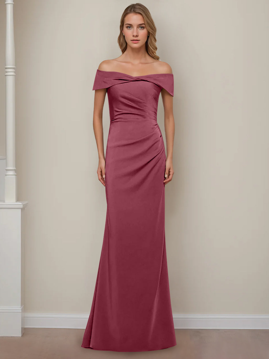 Robe de Mère de la Mariée Fourreau/Colonne à Épaules Dénudées et Manches Courtes, Longueur Au Sol, avec Volants