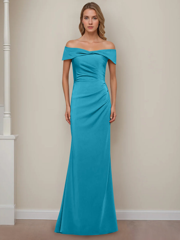 Robe de Mère de la Mariée Fourreau/Colonne à Épaules Dénudées et Manches Courtes, Longueur Au Sol, avec Volants