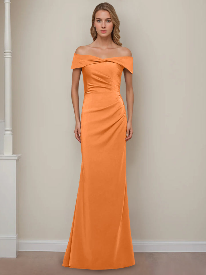 Robe de Mère de la Mariée Fourreau/Colonne à Épaules Dénudées et Manches Courtes, Longueur Au Sol, avec Volants